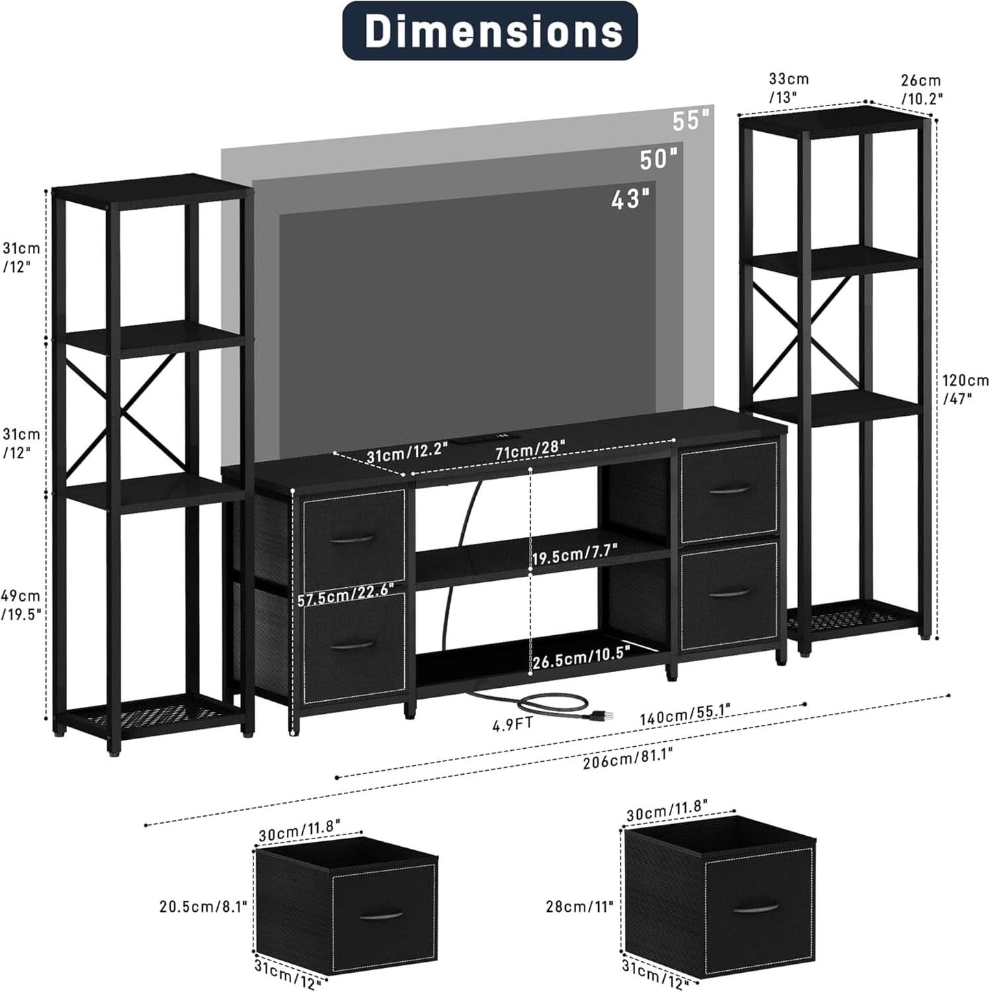 LED TV Stand 60 Inch Wide Display With USB Charging Contem porary
